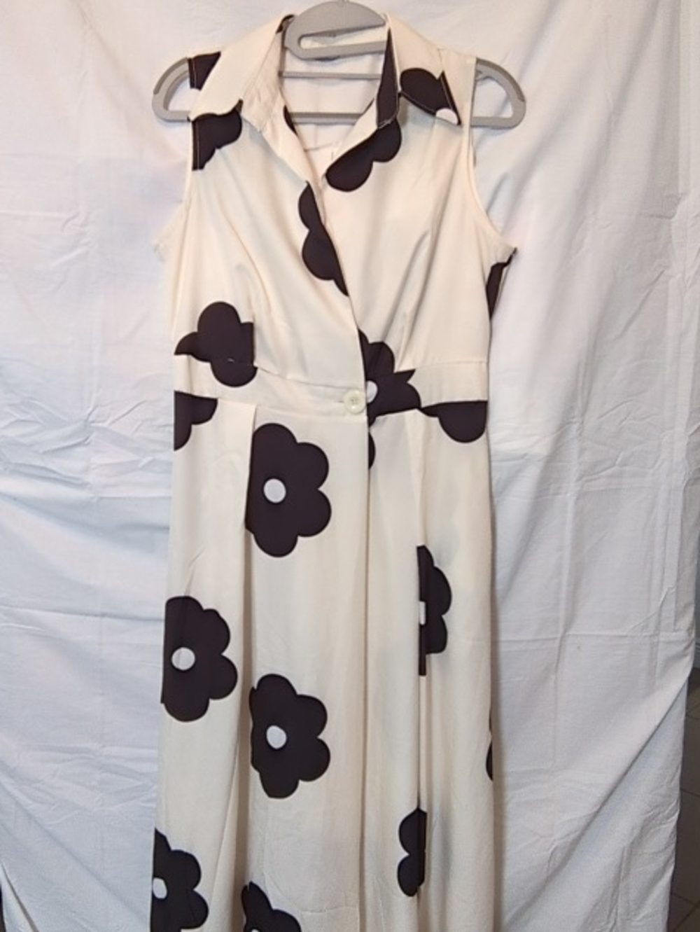 Sleeveless Cream Dress with Black Floral Print